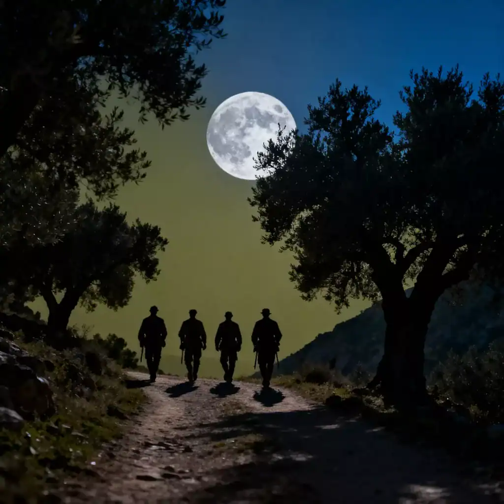 Moonlit night walk, soldiers under the bright full moon, surrounded by forest trees.