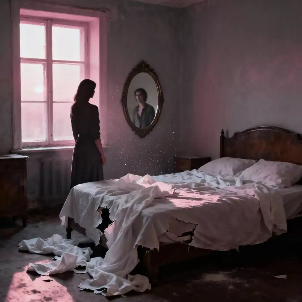 Mujer en habitación antigua con espejo y cama desordenada, símbolo de poesía y reflexión.