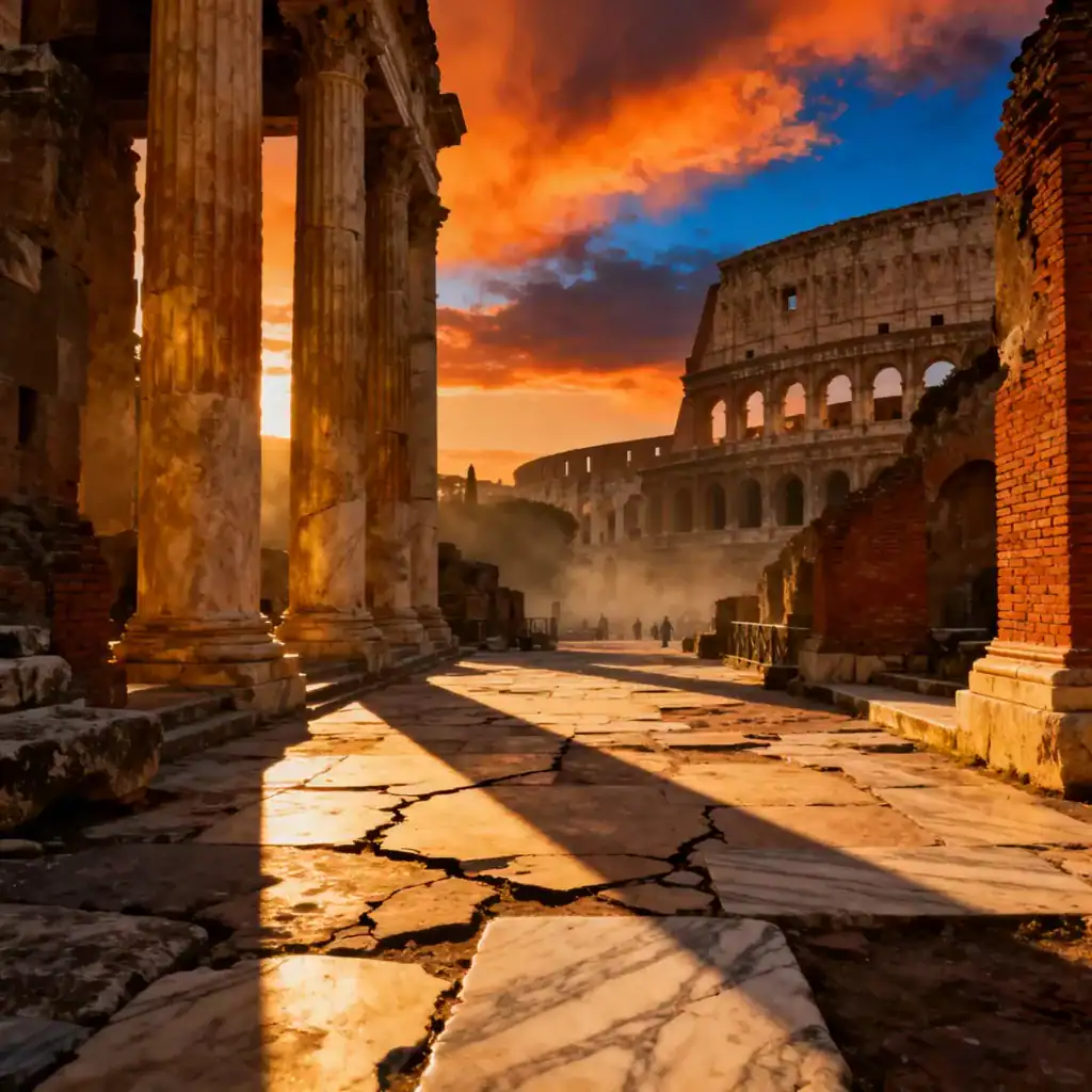 Ruinas del Coliseo en Roma al atardecer, patrimonio y poesía en un paisaje histórico y inspirador.