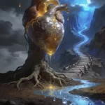 Corazón gigante en árbol con raíces, río de agua brillante y escalofriante camino en paisaje surrealista.