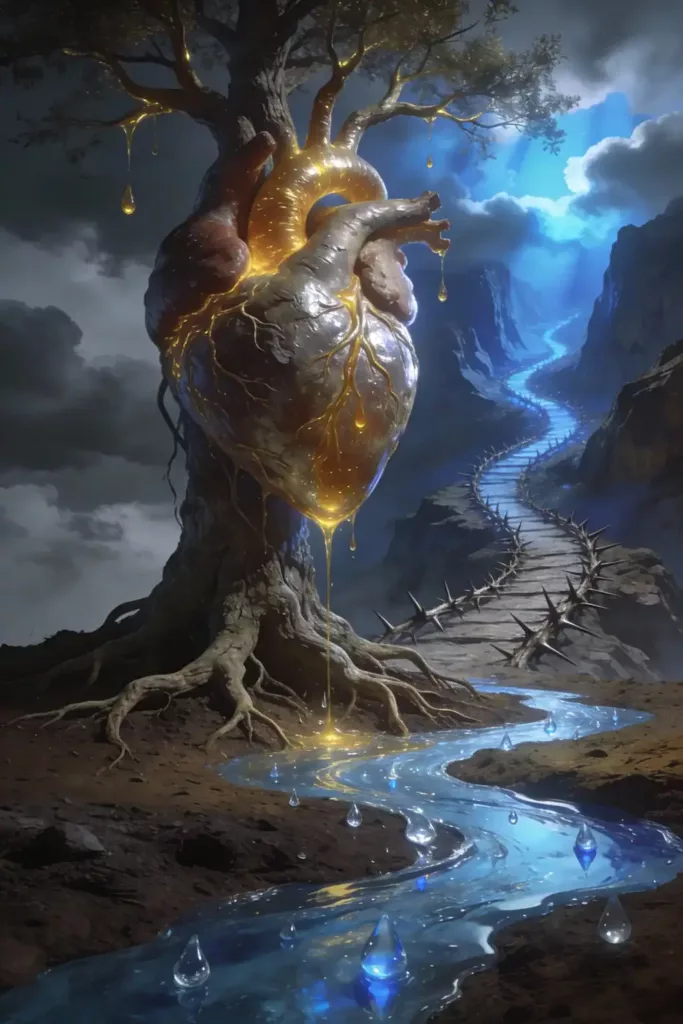 Corazón gigante en árbol con raíces, río de agua brillante y escalofriante camino en paisaje surrealista.