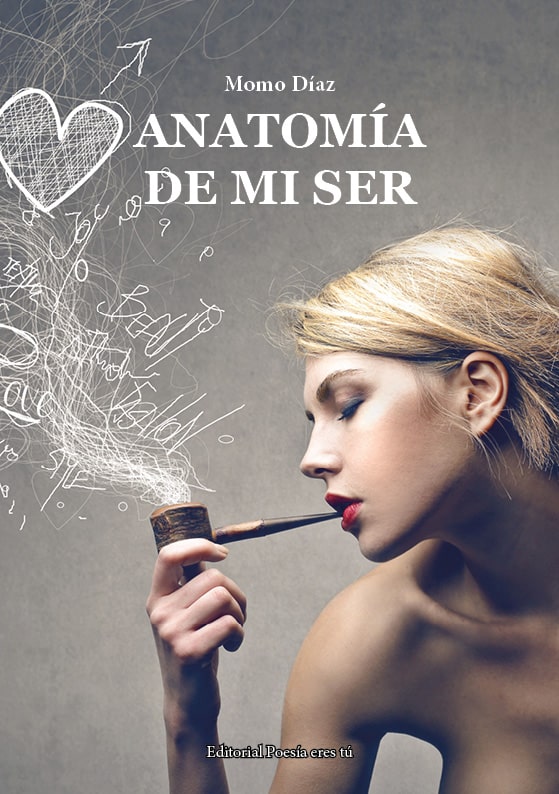 Thought-provoking book cover featuring a woman smoking a pipe with literary and mathematical sketches; promotes poetry publishing.