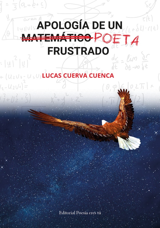 Eagle flying through starry night sky with book cover design for poetry book in the background.