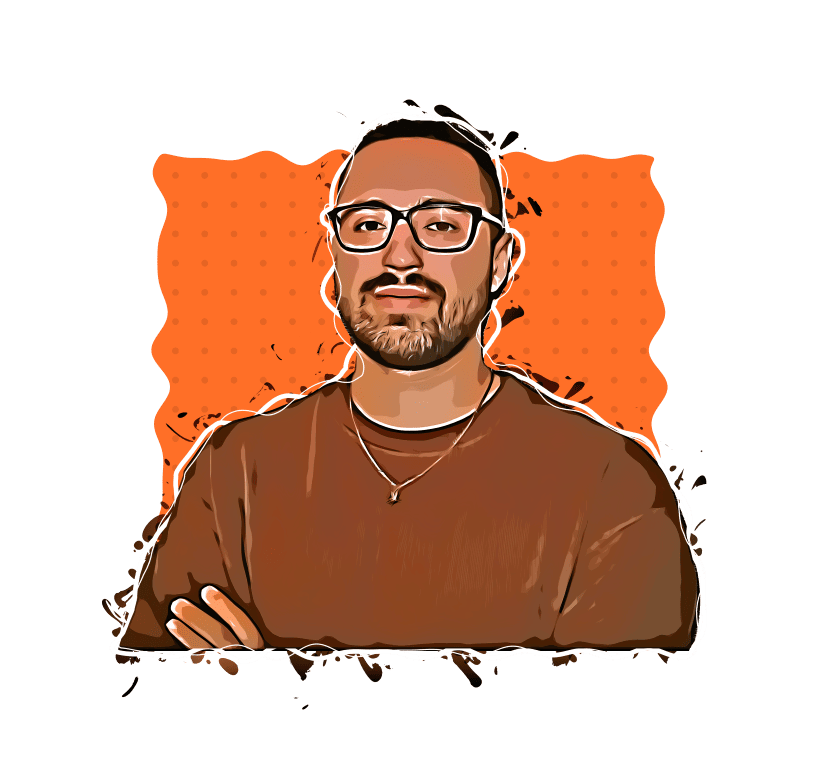 A man with glasses and a beard in a brown shirt, artistic style, promoting poetry books.