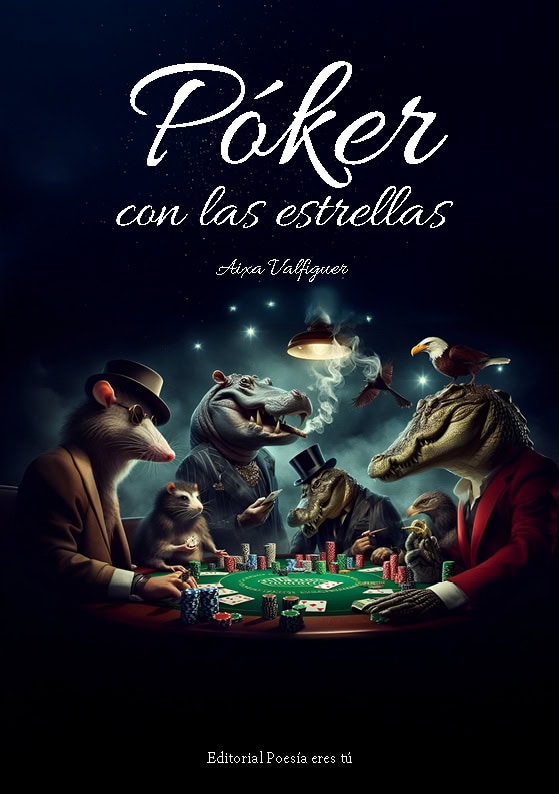 Elegant animals playing poker at night under stars, with sophisticated attire and a whimsical atmosphere.