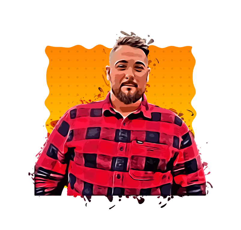 A man smiling in a red and black checkered shirt with a colourful artistic background.