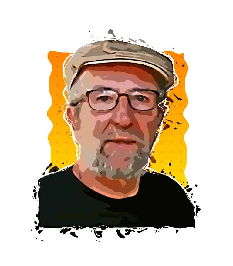 A man with glasses and a cap, digital illustration style, on artwork background.