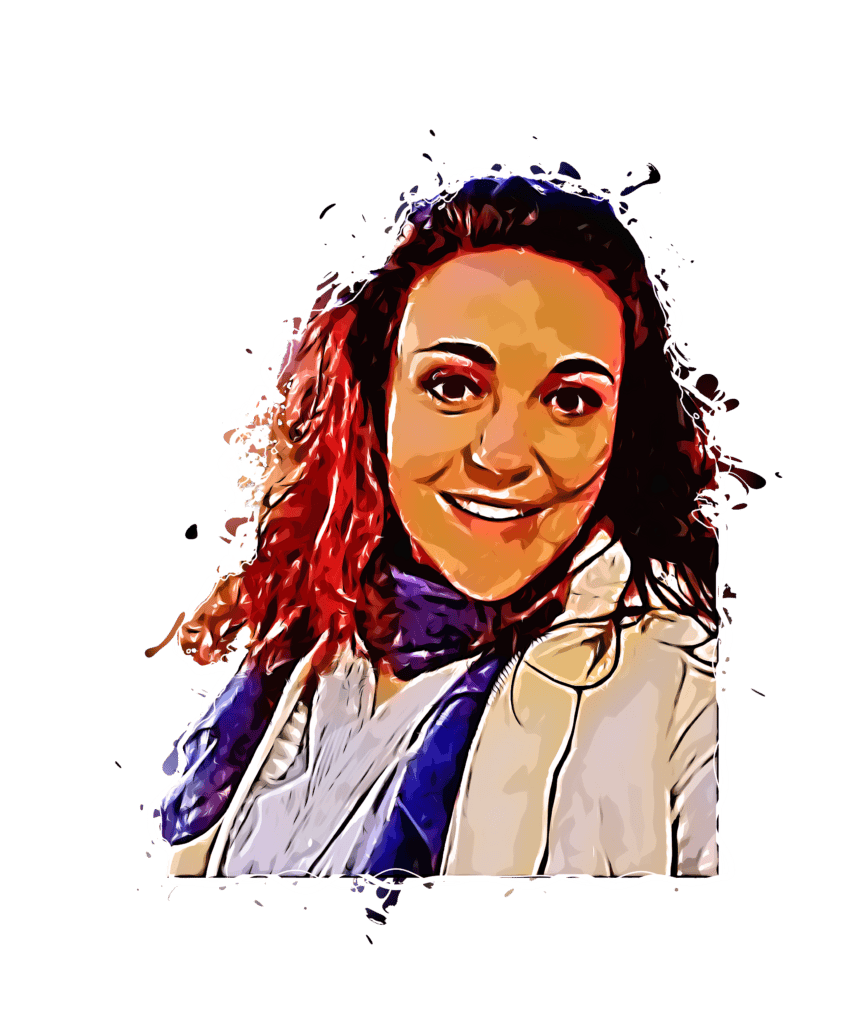 Vibrant portrait of a smiling woman with red and black hair, artistic digital illustration style.