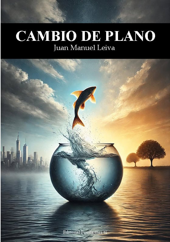 A fish jumping into a glass bowl with water splash, city skyline in background at sunset.