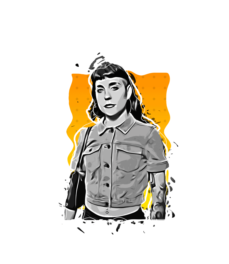 Bold, black-and-white illustration of a woman with dark hair and tattoos, set against an orange splatter background.