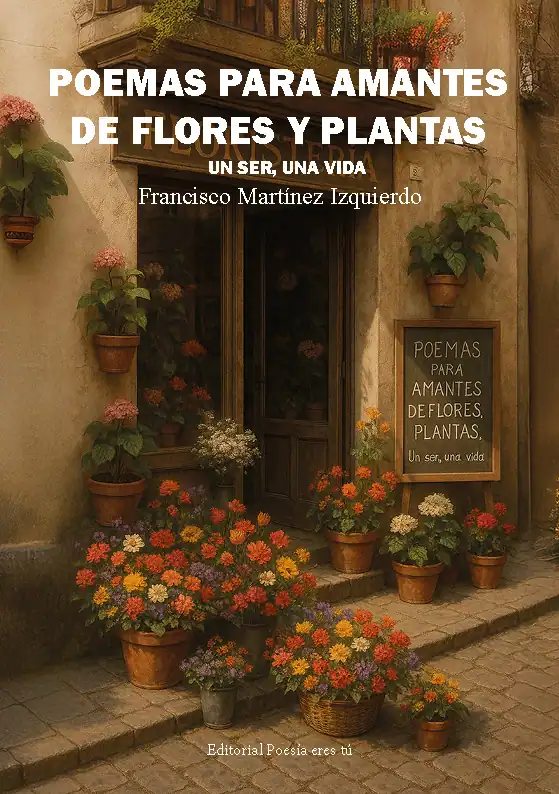 Poems for lovers of flowers and plants, poetry book cover, poetic garden scene in a cafe.