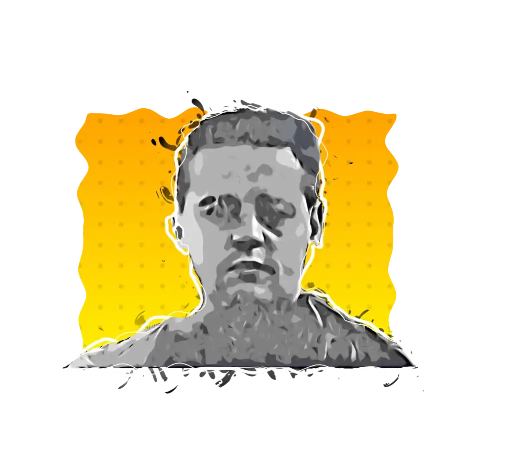 Young man with a contemplative expression, black and white art style with yellow background.