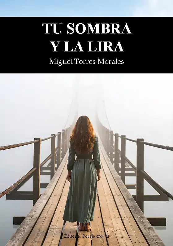 Mysterious woman walking on a foggy bridge with poetic book cover design at the top.