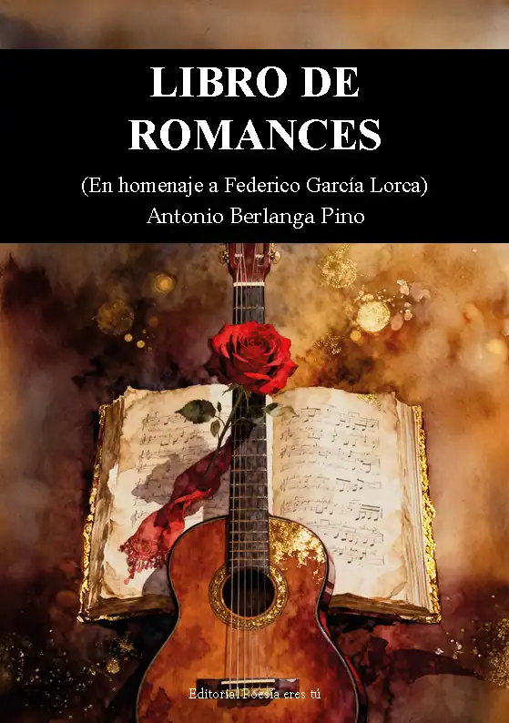 Red rose on an open book with guitar and music notes, celebrating love and romance in poetry.
