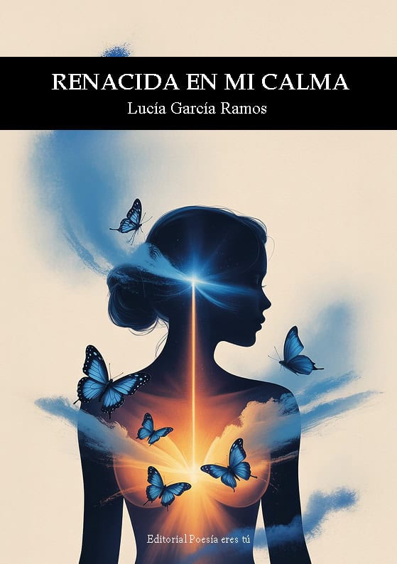 Silhouette of a woman with butterflies, symbolising poetry and serenity, on a book cover for poetry.