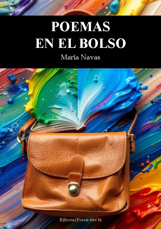 Bright colourful paint splashes in a pocket with a poetry book and handbag, highlighting poetry in everyday life.