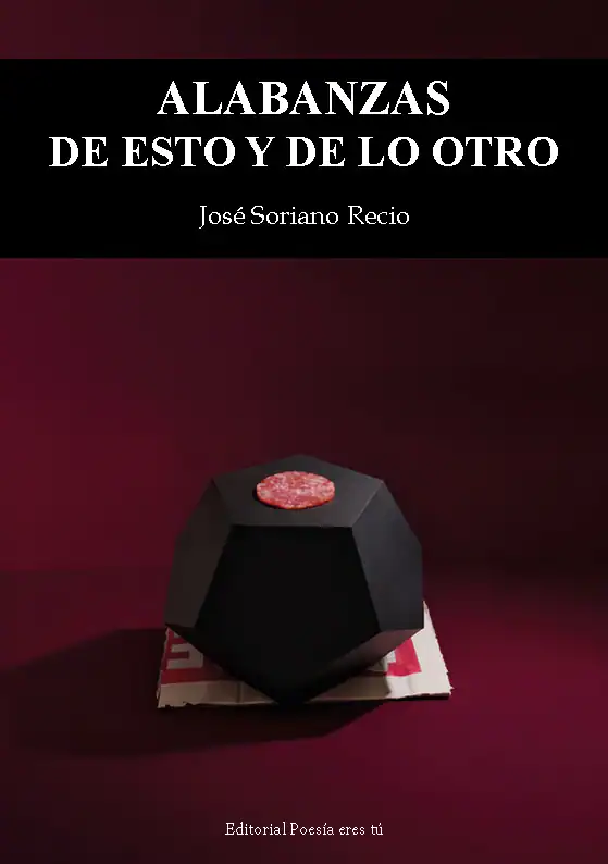 A black geometric shape with a slice of cured meat on top against a dark red background.