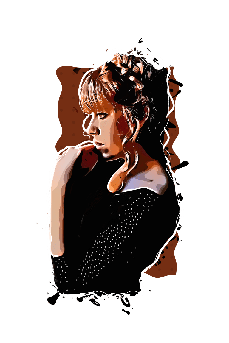 Thoughtful woman with brown hair and black dress, representing poetry and introspection.