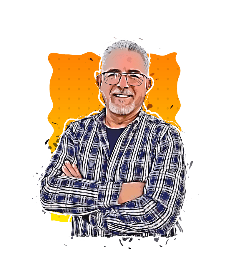 Elegant elderly man with glasses smiling in front of a vibrant orange background, promoting poetry books.