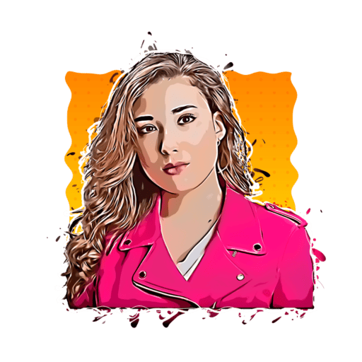 Bright young woman with wavy hair wearing a pink jacket, representing modern poetic literature.