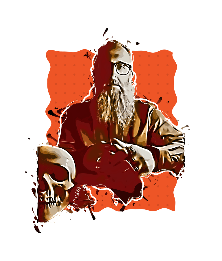 A rugged man with glasses and a long beard holding a skull, artistic digital illustration style.