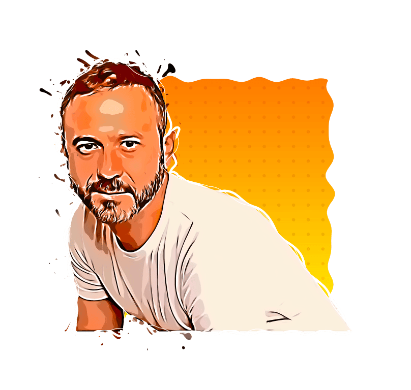 A man with a beard in a white t-shirt, digital illustration style, vibrant background with orange and yellow hues.
