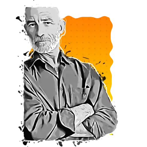 1. Older man with grey hair and beard, crossing arms, in black and white with orange background.