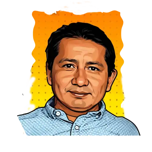 Reflective portrait of a man in a blue shirt against a yellow dotted background.