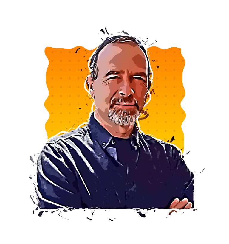 Thoughtful man with beard and glasses, dark shirt, against vibrant orange background.