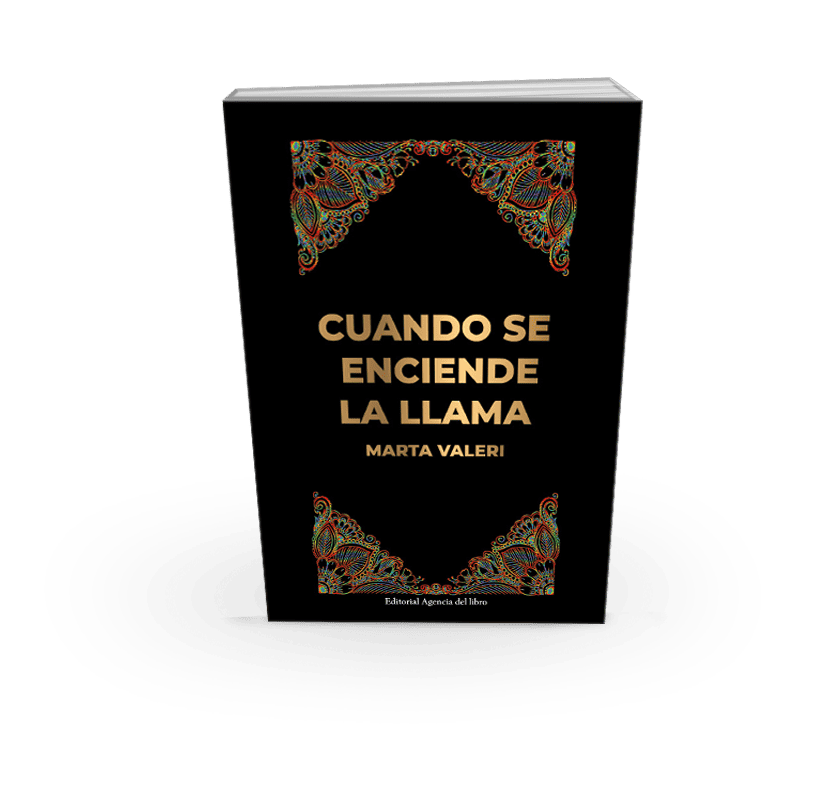 Vibrant book cover of "Cuando se enciende la llama" by Marta Valeri, with colourful decorative elements.