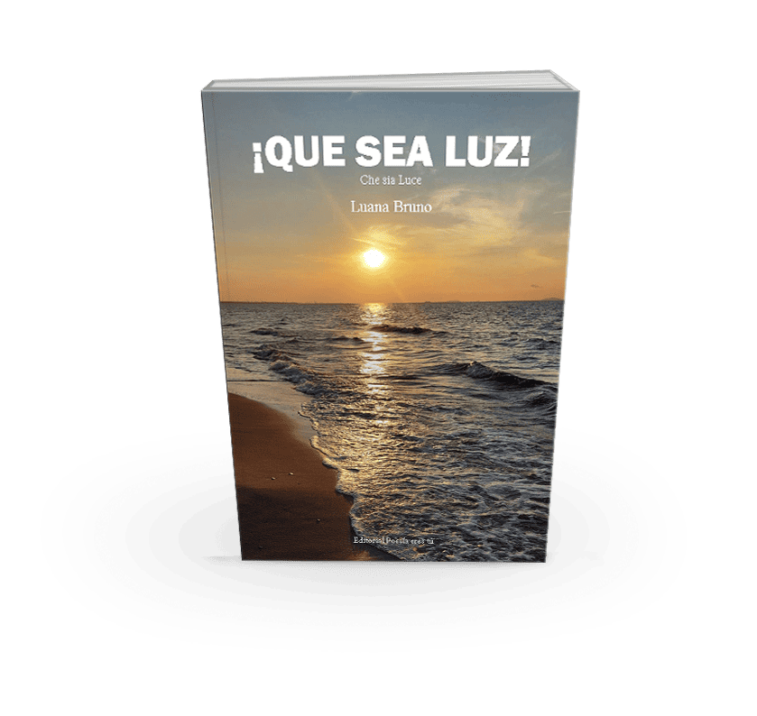1. Sunset over ocean with poetry book titled "¡Que Sea Luz! Che sia Luce" by Luana Bruno.