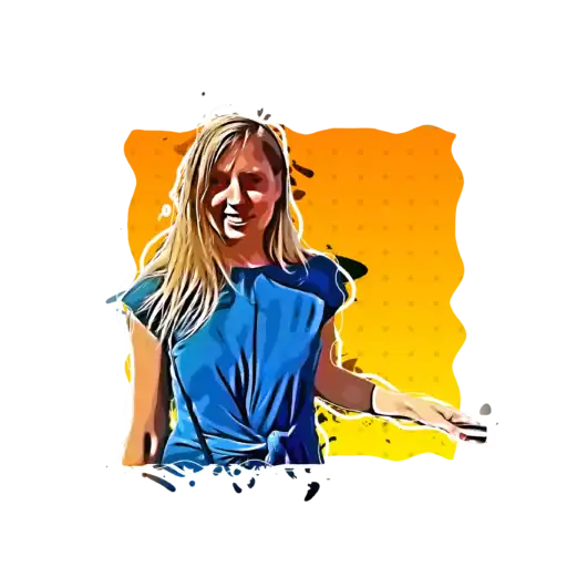 Bright woman in blue dress smiling at poetry book event, colourful background, poetic atmosphere.