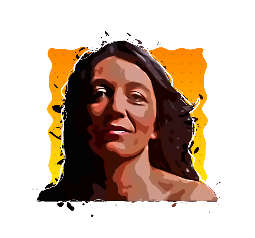 Vibrant illustrated portrait of a woman with flowing dark hair, symbolising poetry and artistic expression.