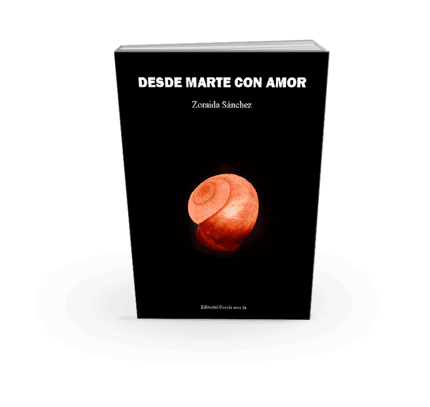 A shell-shaped book cover titled "Desde Marte con Amor" by Zoraida Sánchez, featured by Editorial Poesía eres tú.