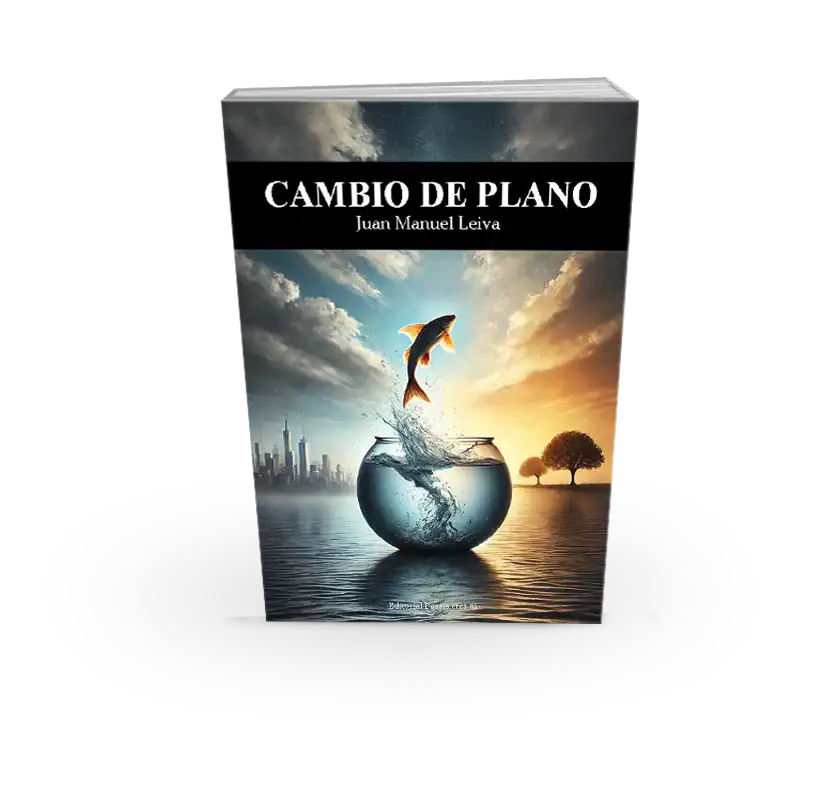 A fish jumping out of a glass fishbowl with a cityscape and sunset background.