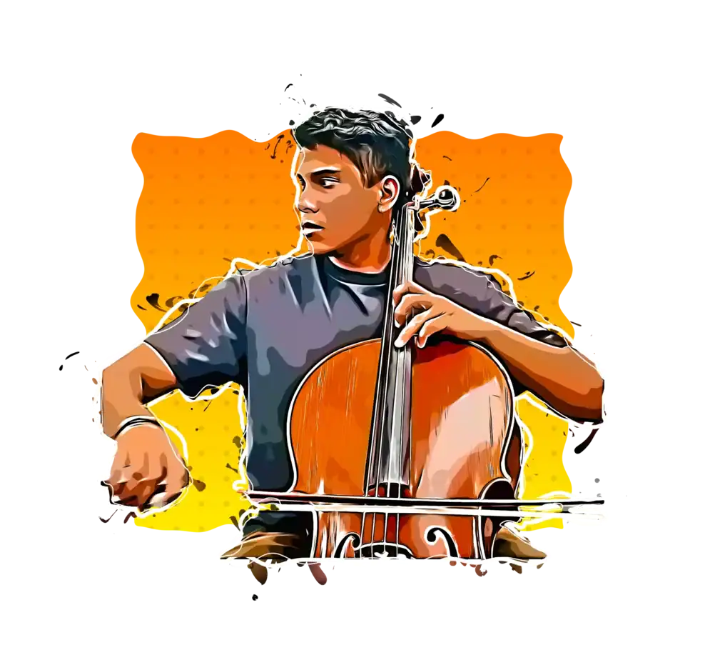 Young man playing cello with vibrant orange background, artistic illustration for poetry and music lovers.