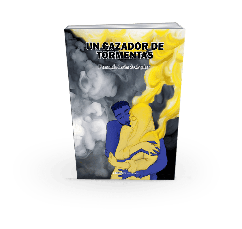 Brightly coloured poetry book cover with embracing figures and smoky background.