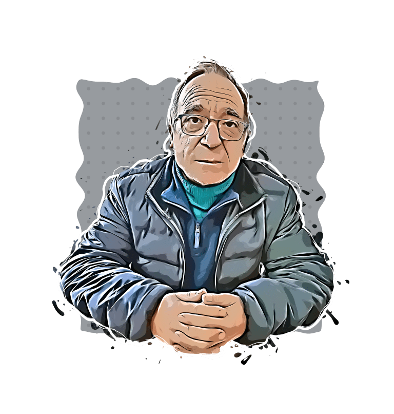 Thoughtful older man in glasses, wearing a puffer jacket, sitting with hands clasped - epdf poetry author.