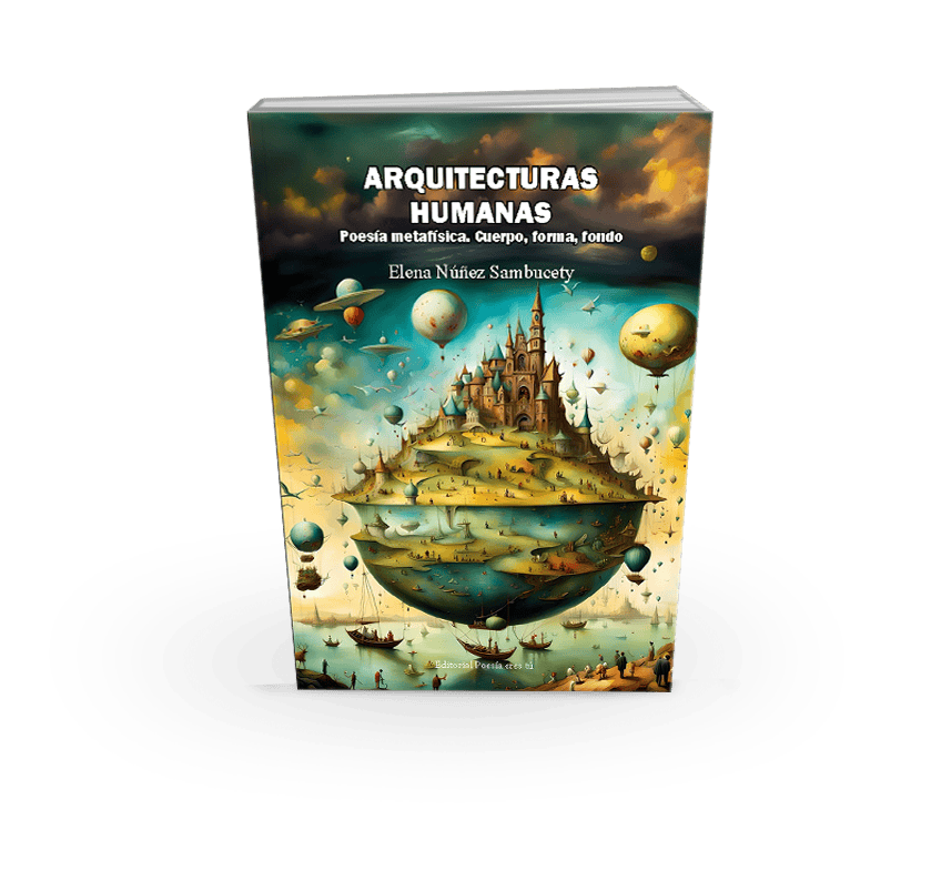 Surreal floating castle book cover, fantasy art, poetic literature, Elena Núñez Sambucety.