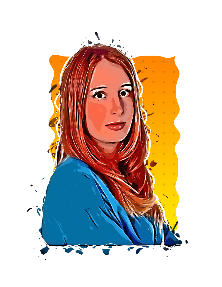 Red-haired woman with blue top, digital art style, vibrant colour background, poetic and literary theme.