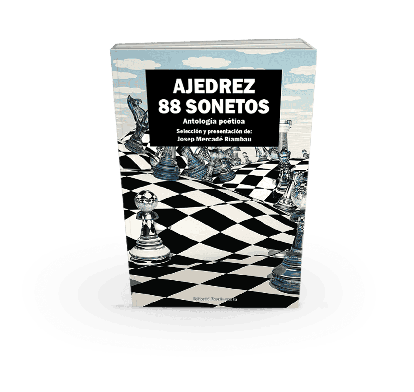 Chess book cover with chess pieces and checkered background.