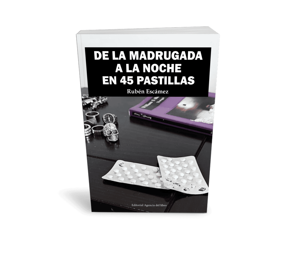A book cover featuring medication and skull symbols from the poetry collection "De la madrugada a la noche en 45 pastillas".