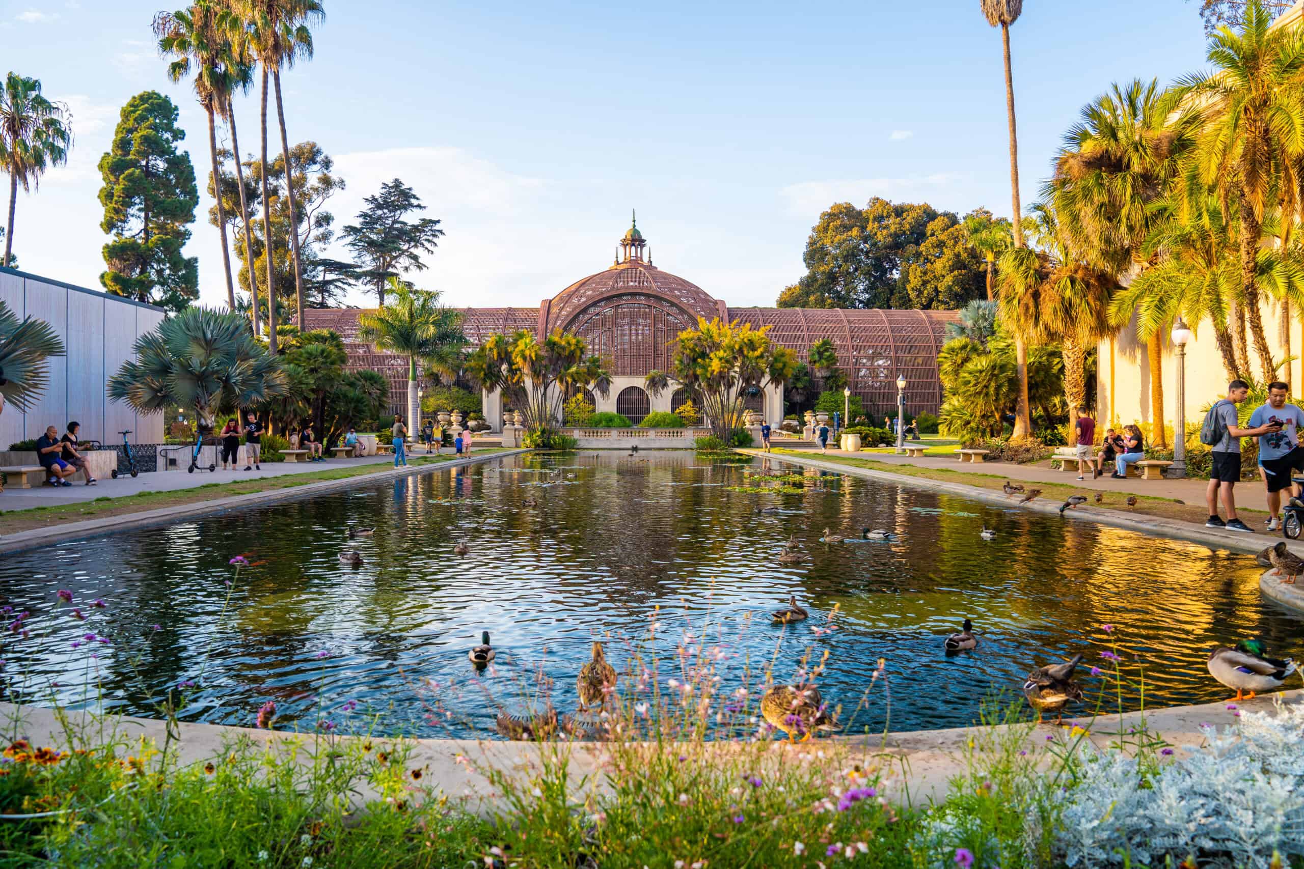 Vivid image of the beautiful conservatory at Point North Park in San Diego, California, featuring lush tropical plants, a serene pond with ducks, and visitors enjoying the scenic outdoor space.