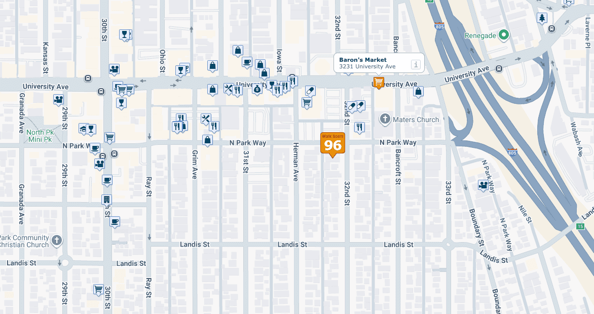 Modern map of Point North Park in San Diego, California highlighting nearby amenities including shops, restaurants, parks, and landmarks, ideal for visitors and residents.