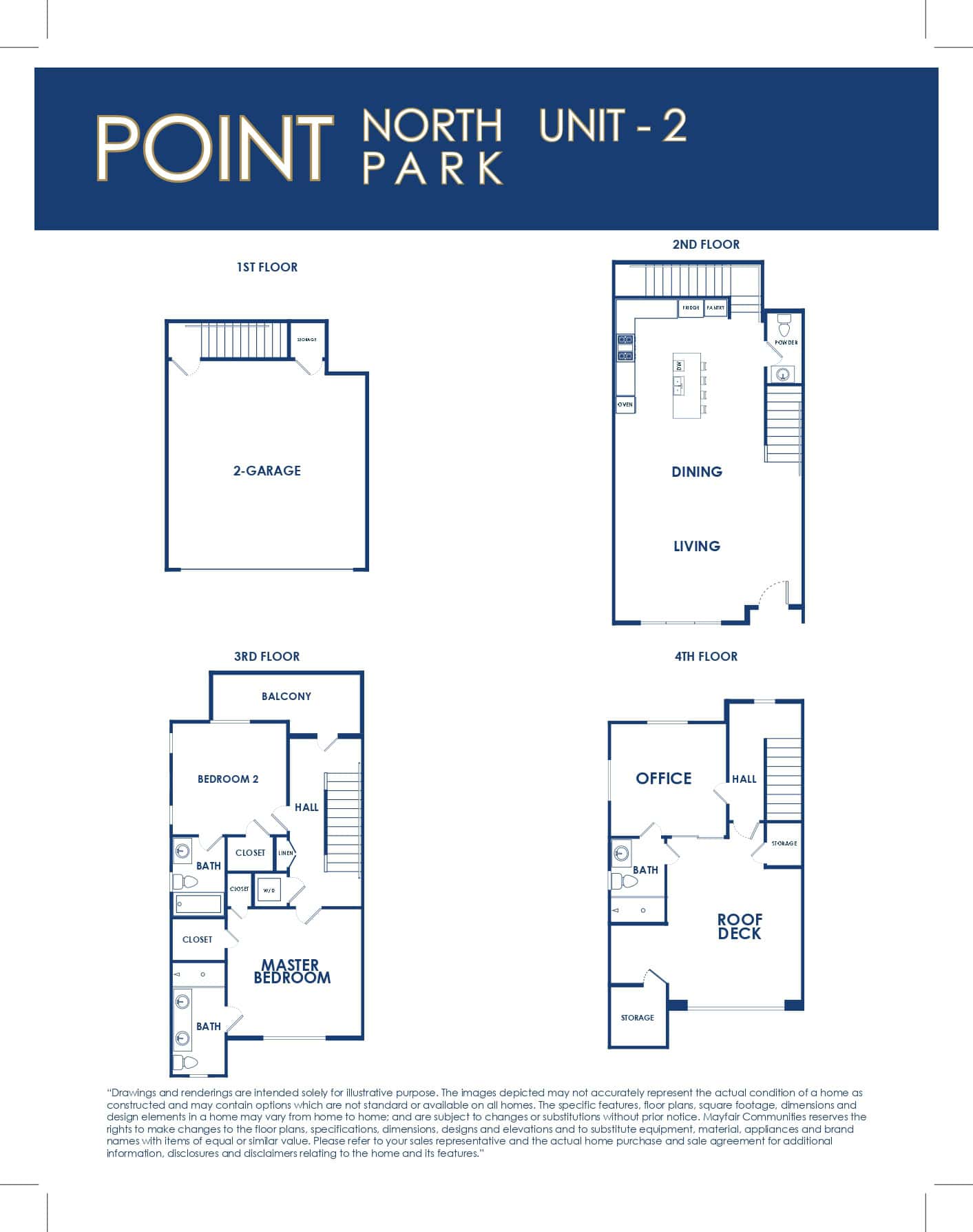 2. Modern floor plan of Point North Park - San Diego, California, showcasing multi-story residential units with garage, balconies, and rooftop deck.