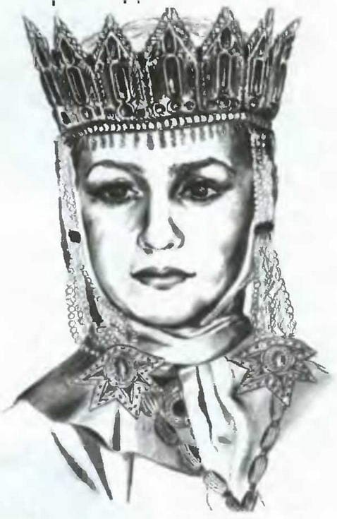 Портрет української королеви з короною та традиційним вбранням.