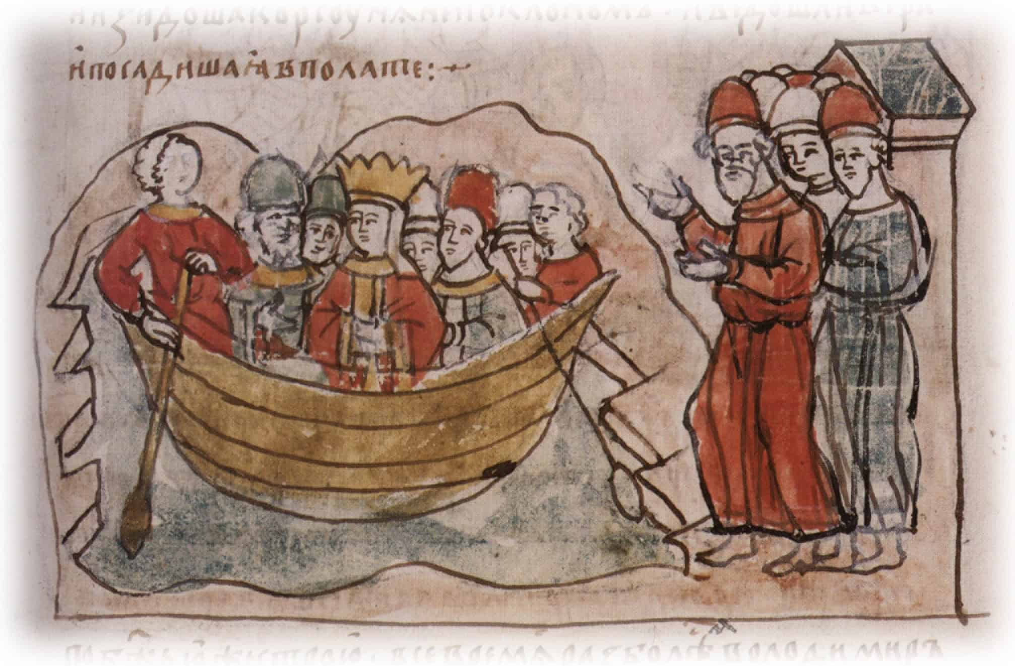 Історична ілюстрація з князівським кораблем та вояками.