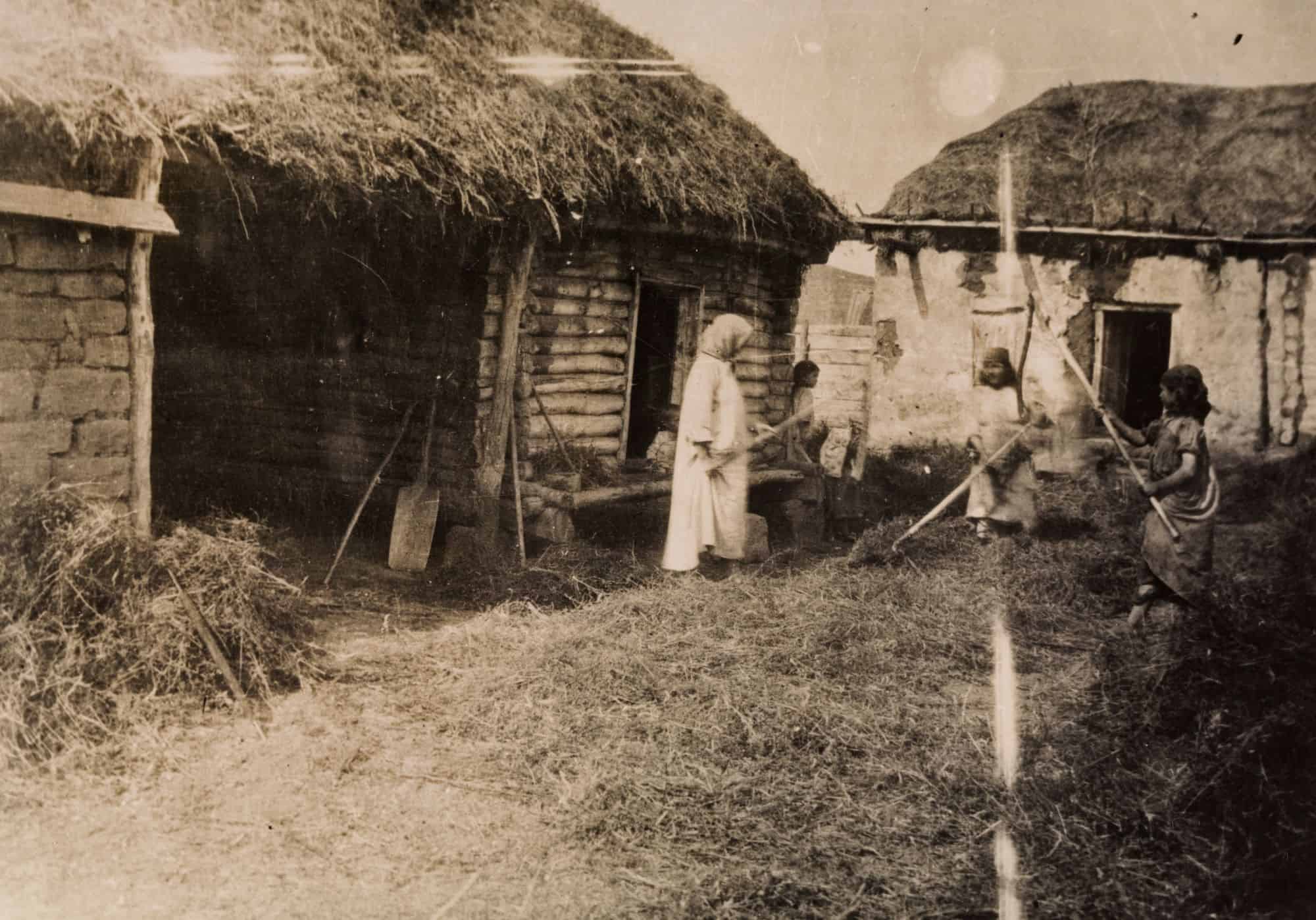 Старовинне фото українського села з хатами та людьми на подвір'ї.