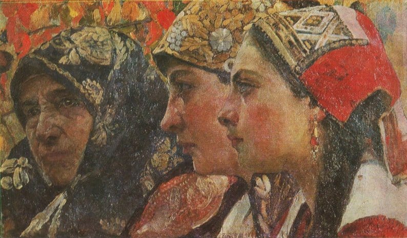 Малюнок українських жінок у традиційному одязі, портрети в профіль.