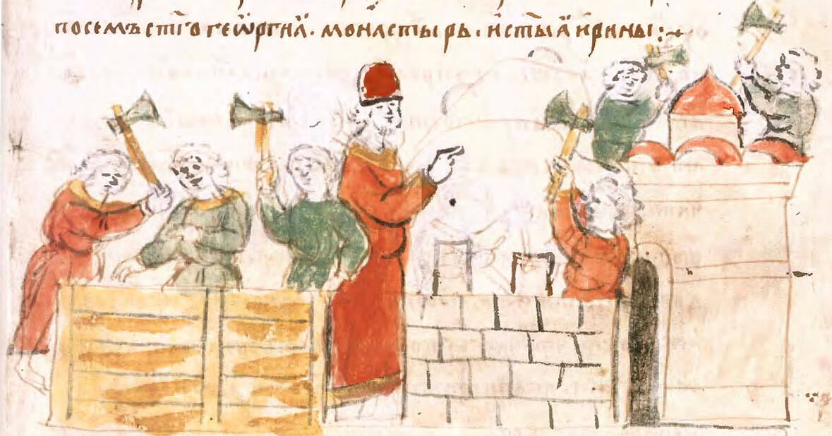 Історична ілюстрація з будівництва Києва, середньовічний стиль, архітектура та робітники.